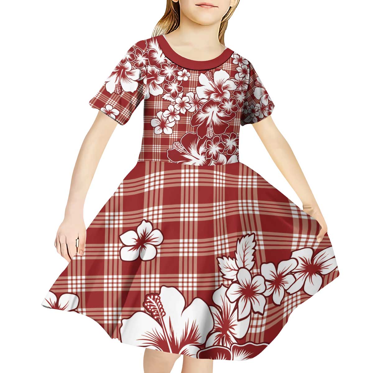 Hibiscus Pakala Fantasy Red Kid Short Sleeve Dress Tropical Floral Stylized LT01 - Polynesian Pride