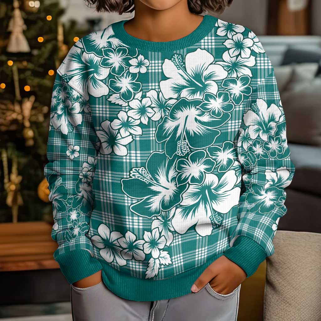 Hibiscus Pakala Aqua Teal Kid Ugly Christmas Sweater Tropical Floral Stylized LT01 - Polynesian Pride
