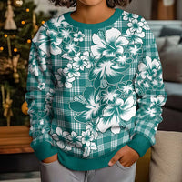 Hibiscus Pakala Aqua Teal Kid Ugly Christmas Sweater Tropical Floral Stylized LT01 - Polynesian Pride