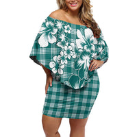 Hibiscus Pakala Aqua Teal Off Shoulder Short Dress Tropical Floral Stylized LT01 Women Teal - Polynesian Pride