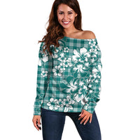 Hibiscus Pakala Aqua Teal Off Shoulder Sweater Tropical Floral Stylized LT01 Women Teal - Polynesian Pride
