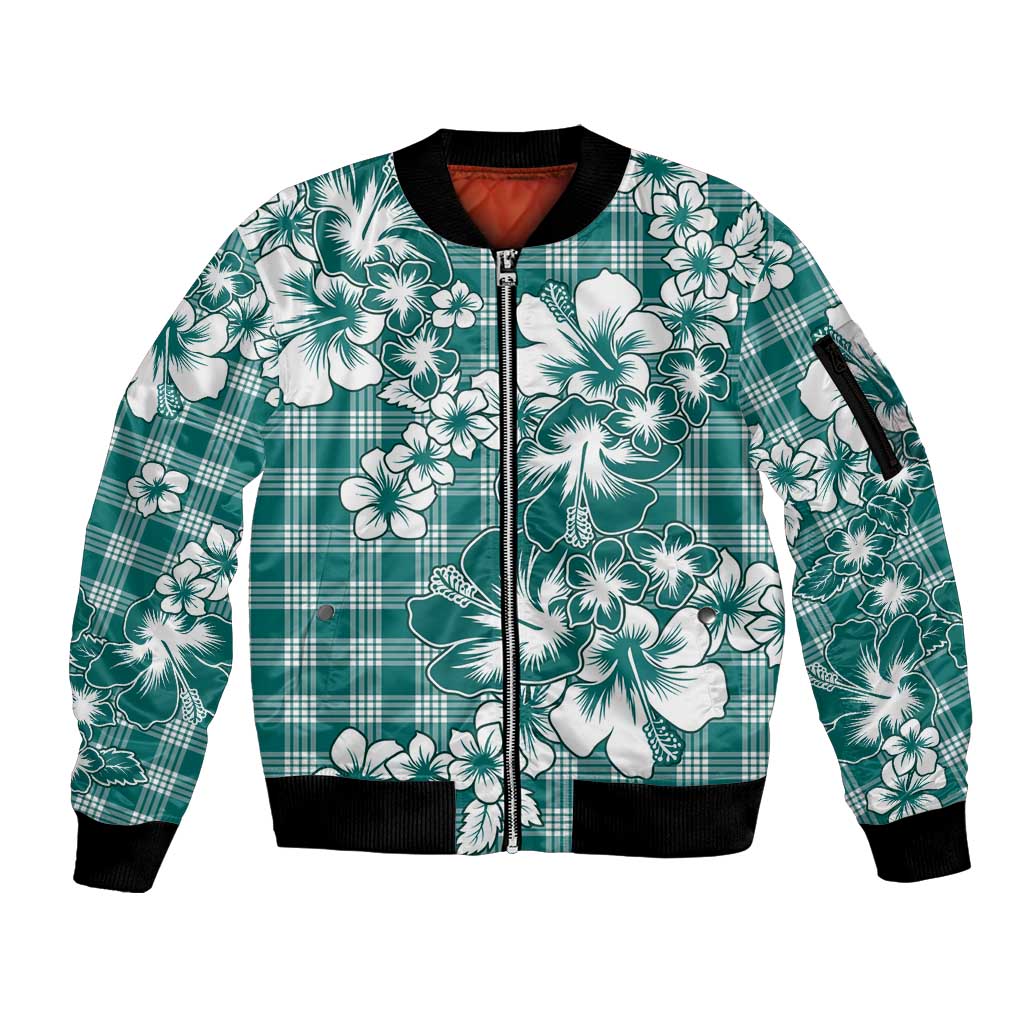 Hibiscus Pakala Aqua Teal Sleeve Zip Bomber Jacket Tropical Floral Stylized LT01 Unisex Teal - Polynesian Pride
