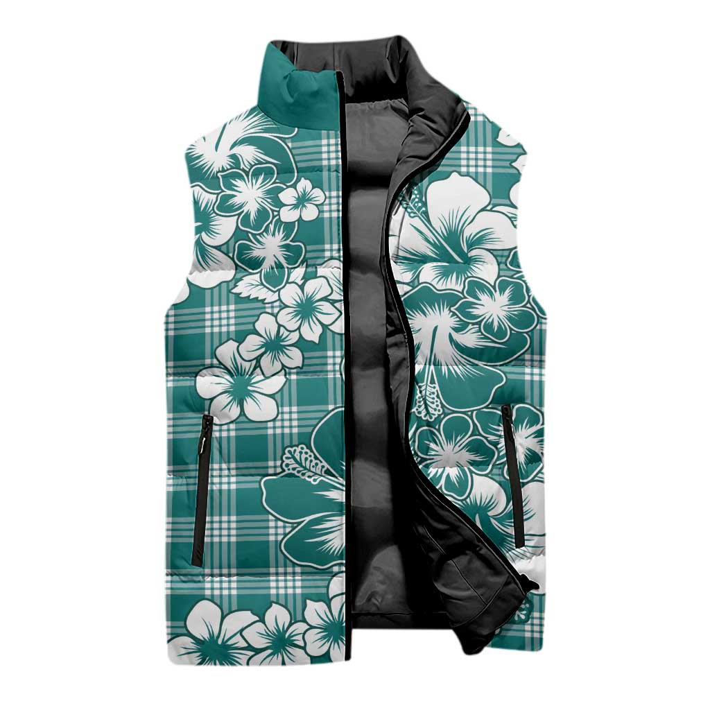 Hibiscus Pakala Aqua Teal Sleeveless Puffer Jacket Tropical Floral Stylized LT01 - Polynesian Pride