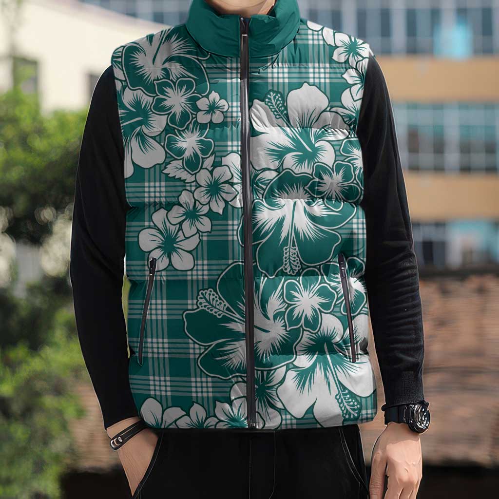 Hibiscus Pakala Aqua Teal Sleeveless Puffer Jacket Tropical Floral Stylized LT01 - Polynesian Pride