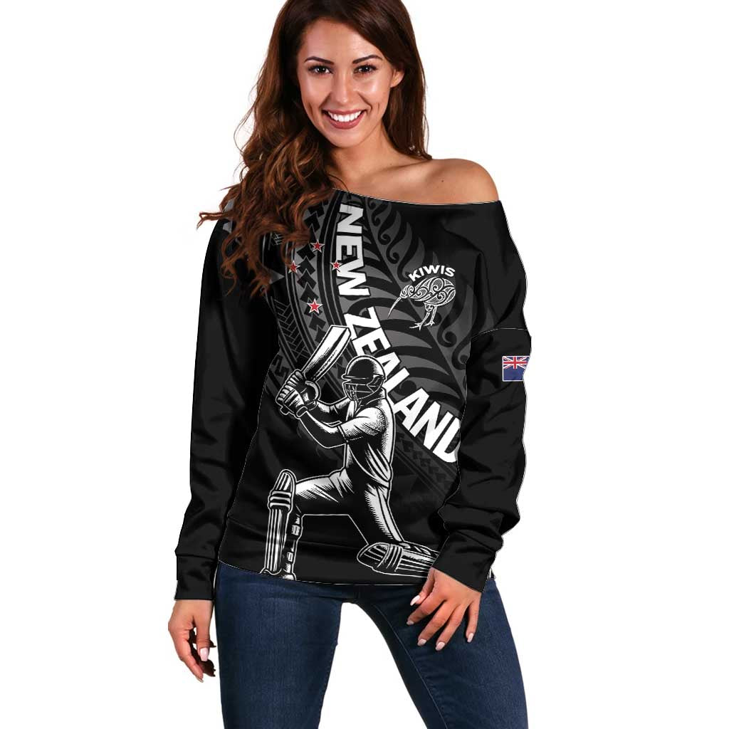 Custom New Zealand Cricket Off Shoulder Sweater Maori Kiwi Black Fern LT01 Women Black - Polynesian Pride