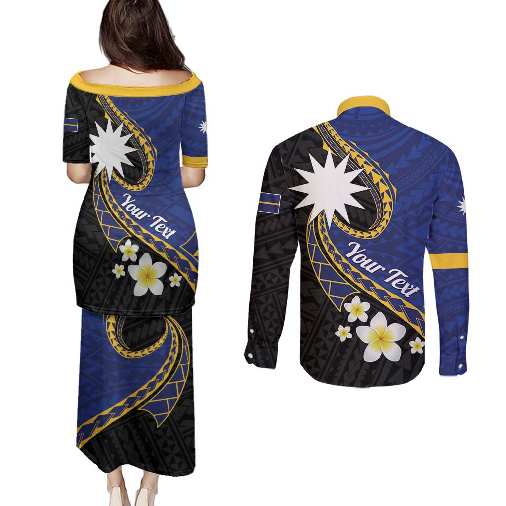 Personalised Nauru Couples Matching Puletasi and Long Sleeve Button Shirt Naoero Proud Plumeria LT01 - Polynesian Pride