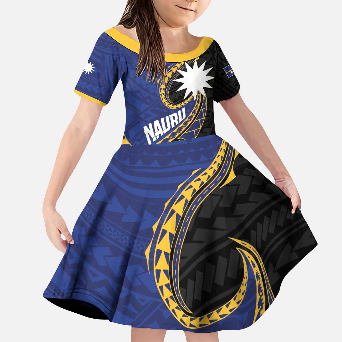 Personalised Nauru Kid Short Sleeve Dress Naoero Proud Plumeria LT01 KID Blue - Polynesian Pride