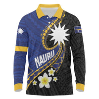 Personalised Nauru Long Sleeve Polo Shirt Naoero Proud Plumeria LT01 Blue - Polynesian Pride