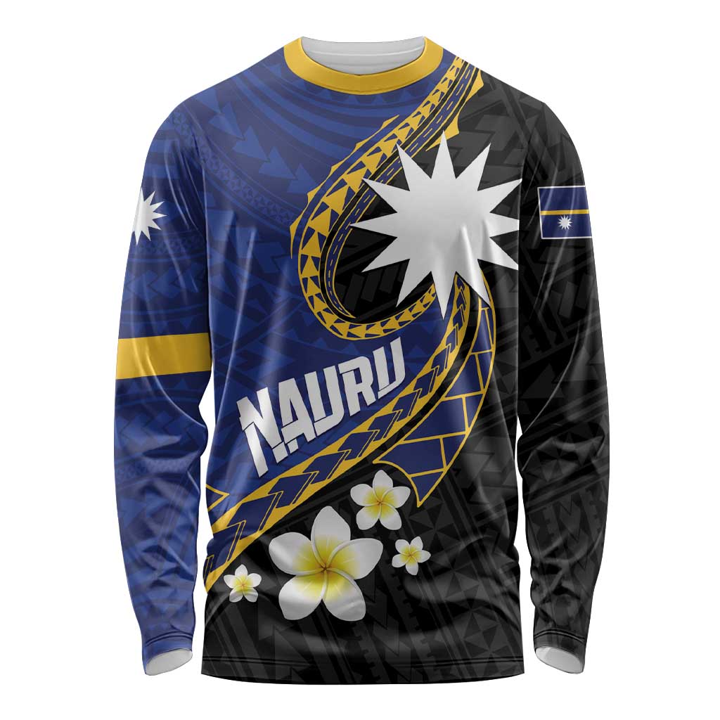 Personalised Nauru Long Sleeve Shirt Naoero Proud Plumeria LT01 Unisex Blue - Polynesian Pride