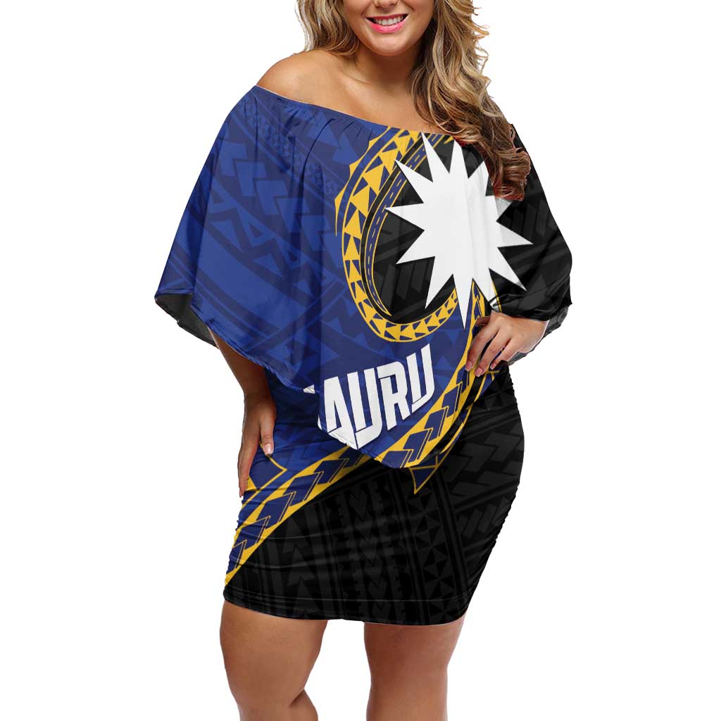 Personalised Nauru Off Shoulder Short Dress Naoero Proud Plumeria LT01 Women Blue - Polynesian Pride
