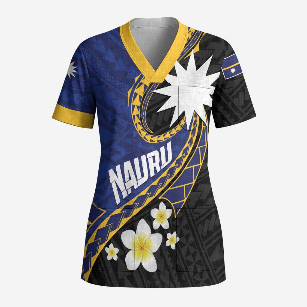 Personalised Nauru Scrub Top Naoero Proud Plumeria LT01 Adult Blue - Polynesian Pride