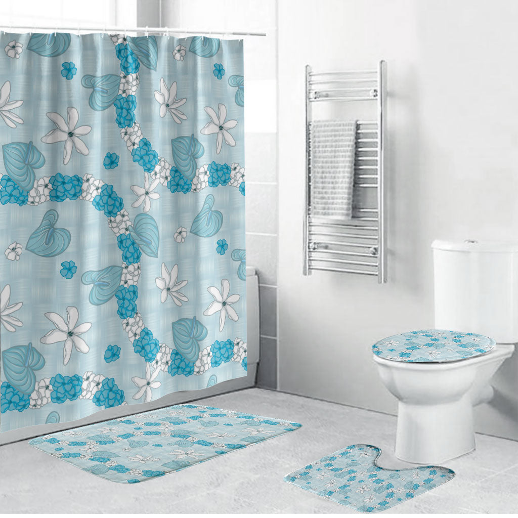 Hawaii Anthurium Tiare Pikake Lei Bathroom Set UliUli Lauhala Art Pattern LT01 Bathroom Set (4 pcs) Blue - Polynesian Pride