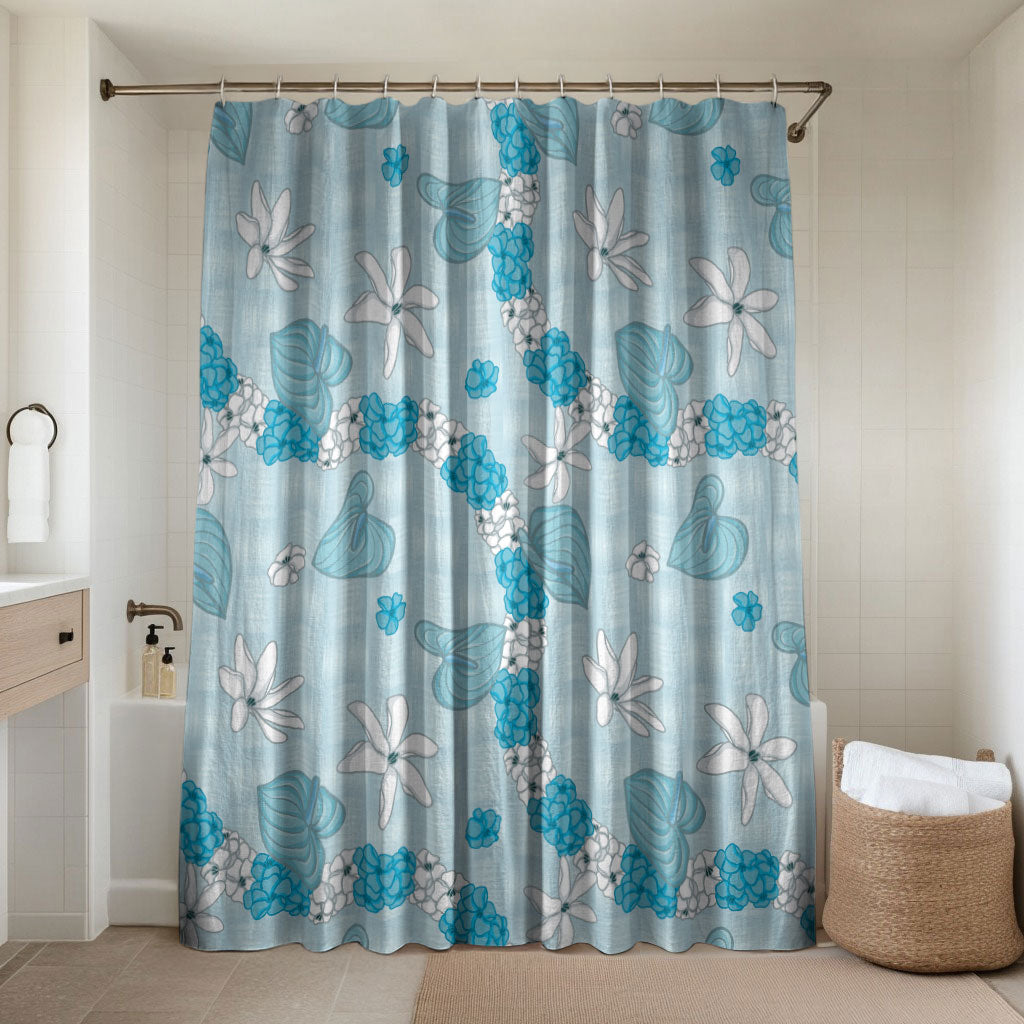 Hawaii Anthurium Tiare Pikake Lei Bathroom Set UliUli Lauhala Art Pattern LT01 Shower Curtain Only Blue - Polynesian Pride