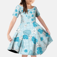 Hawaii Anthurium Tiare Pikake Lei Kid Short Sleeve Dress UliUli Lauhala Art Pattern LT01 KID Blue - Polynesian Pride
