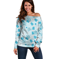 Hawaii Anthurium Tiare Pikake Lei Off Shoulder Sweater UliUli Lauhala Art Pattern LT01 Women Blue - Polynesian Pride