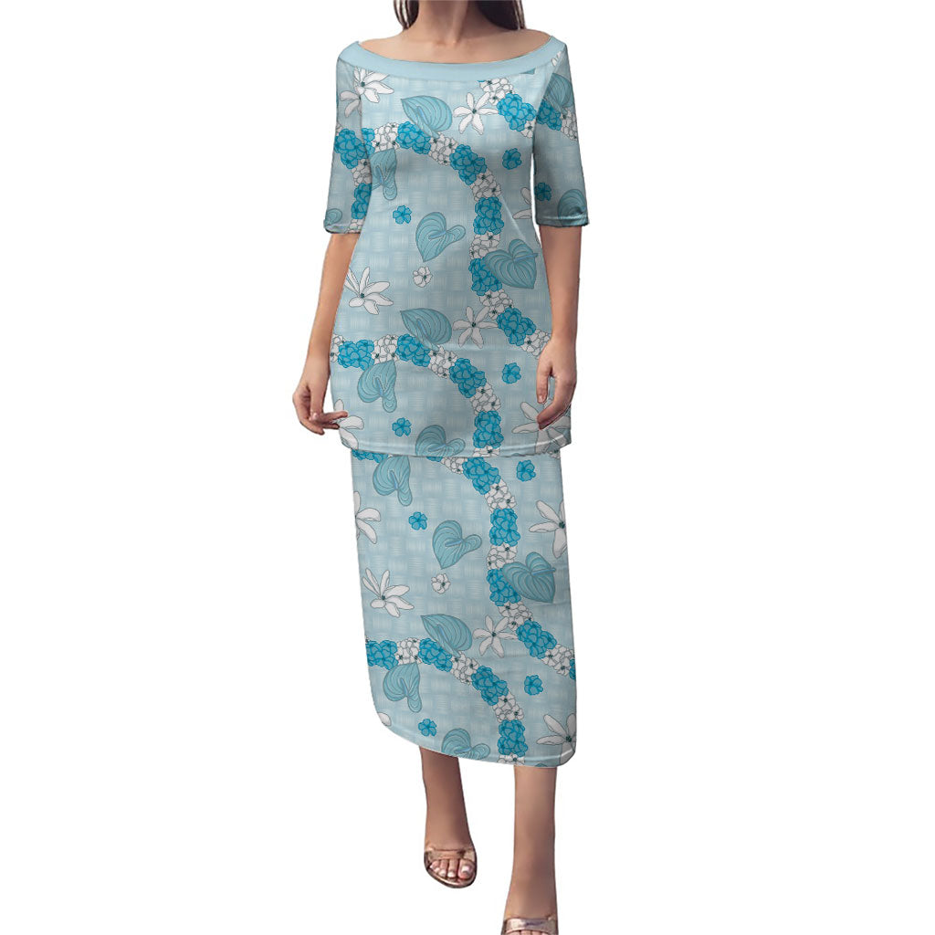 Hawaii Anthurium Tiare Pikake Lei Puletasi UliUli Lauhala Art Pattern LT01 Long Dress Blue - Polynesian Pride