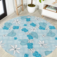 Hawaii Anthurium Tiare Pikake Lei Round Carpet UliUli Lauhala Art Pattern LT01 Blue - Polynesian Pride
