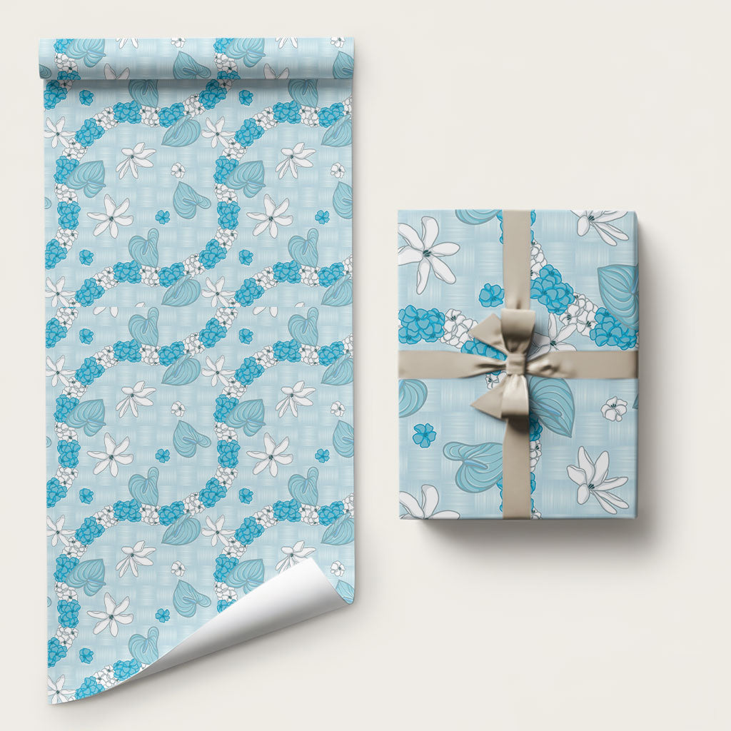 Hawaii Anthurium Tiare Pikake Lei Wrapping Paper UliUli Lauhala Art Pattern LT01 58" × 23" Blue - Polynesian Pride