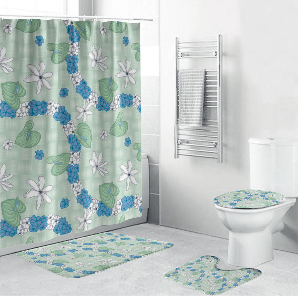 Hawaii Anthurium Tiare Pikake Lei Bathroom Set Omaomao Lauhala Art Pattern LT01 Bathroom Set (4 pcs) Green - Polynesian Pride