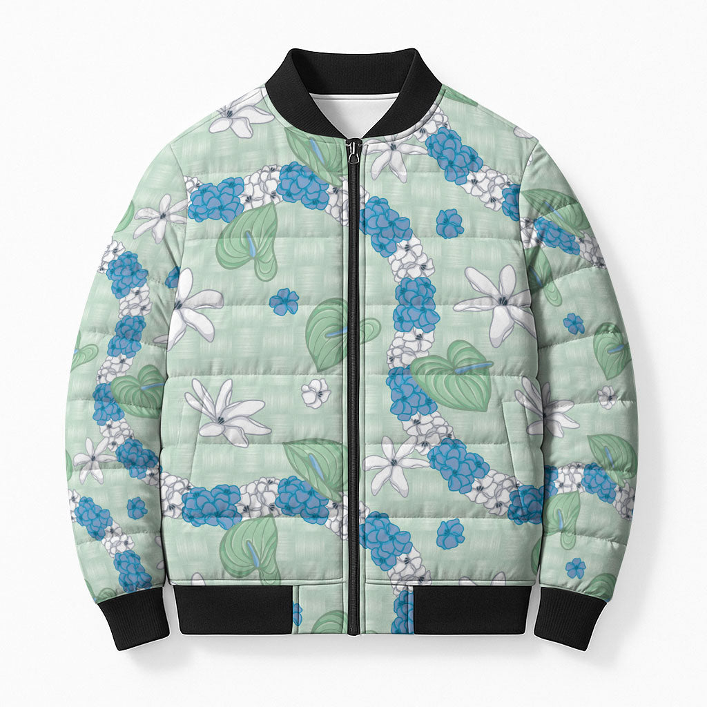 Hawaii Anthurium Tiare Pikake Lei Bomber Puffer Jacket Omaomao Lauhala Art Pattern LT01 Unisex Green - Polynesian Pride