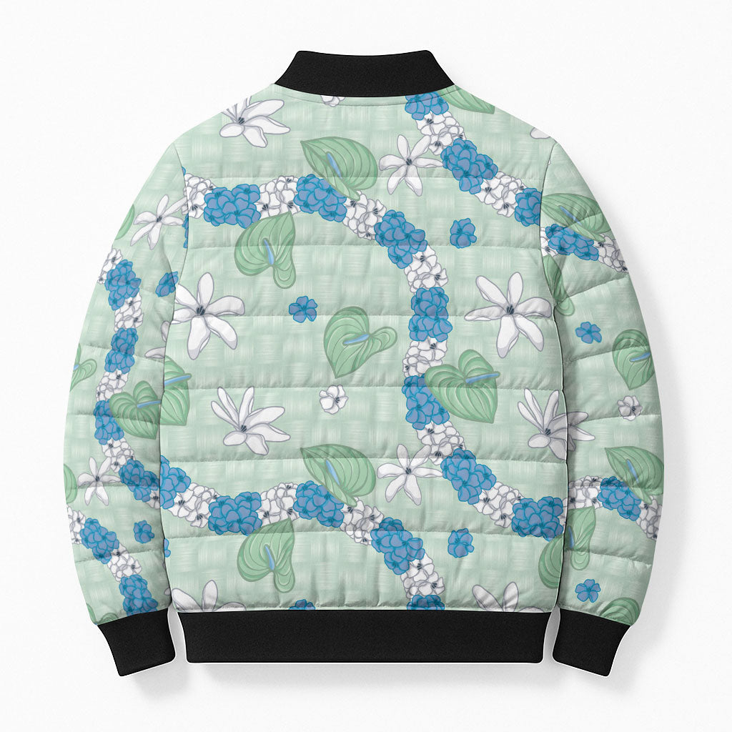 Hawaii Anthurium Tiare Pikake Lei Bomber Puffer Jacket Omaomao Lauhala Art Pattern LT01 - Polynesian Pride