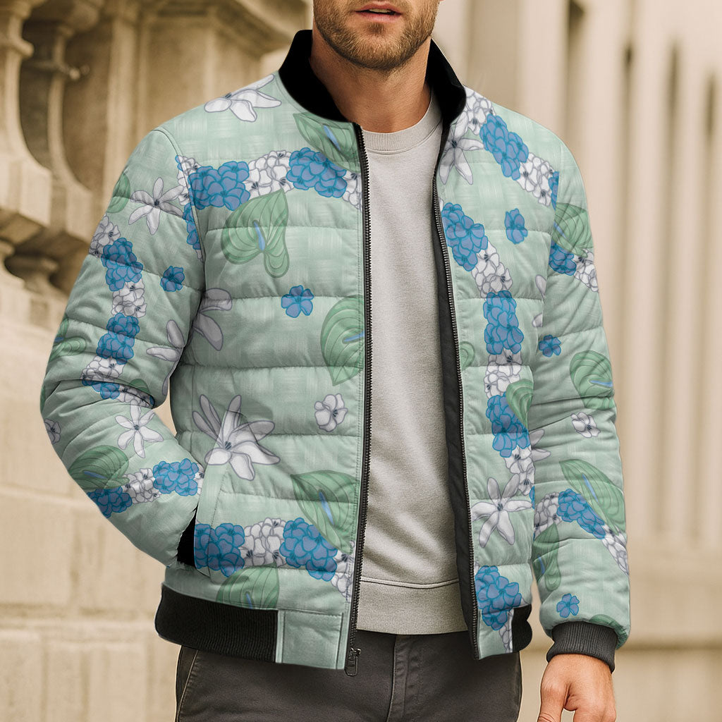 Hawaii Anthurium Tiare Pikake Lei Bomber Puffer Jacket Omaomao Lauhala Art Pattern LT01 - Polynesian Pride