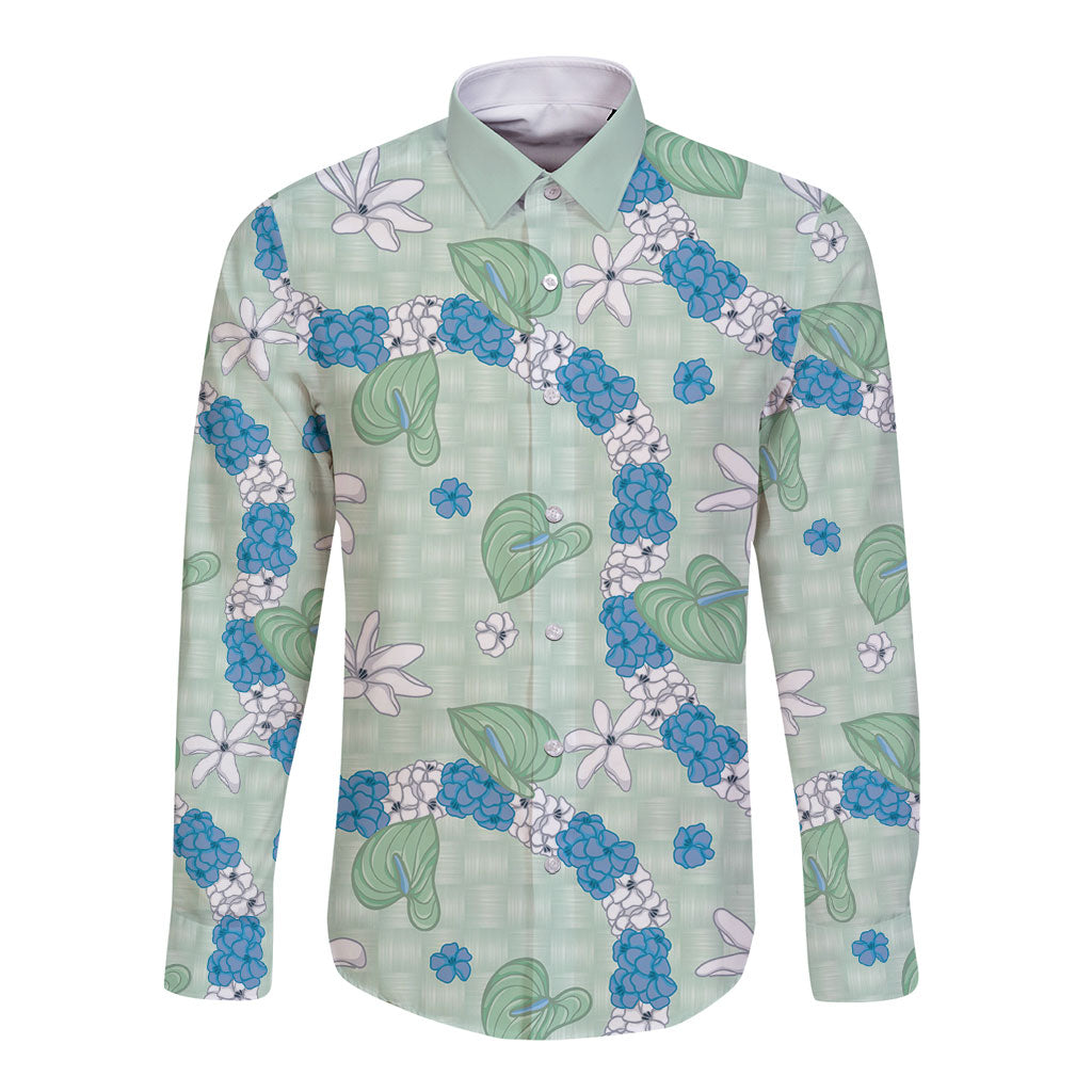 Hawaii Anthurium Tiare Pikake Lei Long Sleeve Button Shirt Omaomao Lauhala Art Pattern LT01 Unisex Green - Polynesian Pride