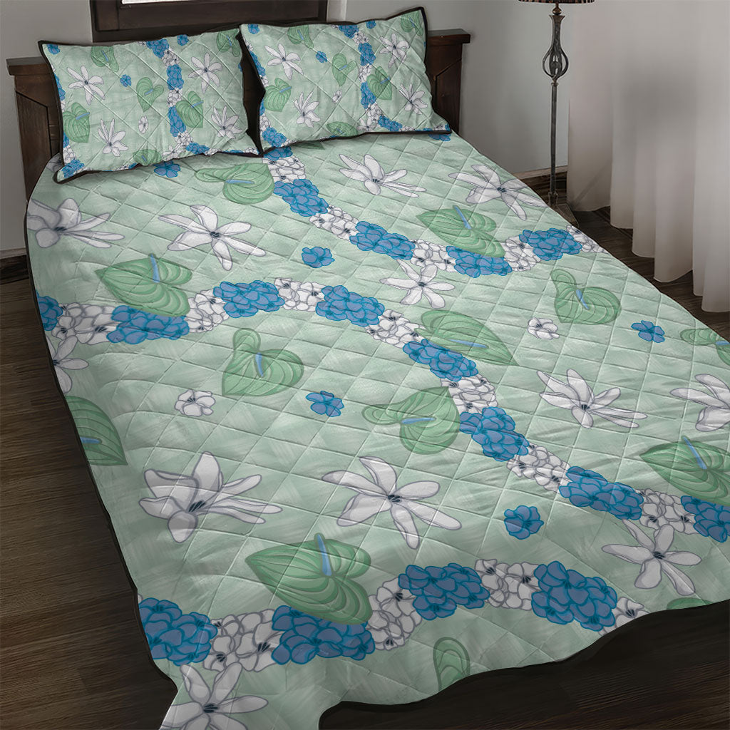 Hawaii Anthurium Tiare Pikake Lei Quilt Bed Set Omaomao Lauhala Art Pattern LT01 Green - Polynesian Pride