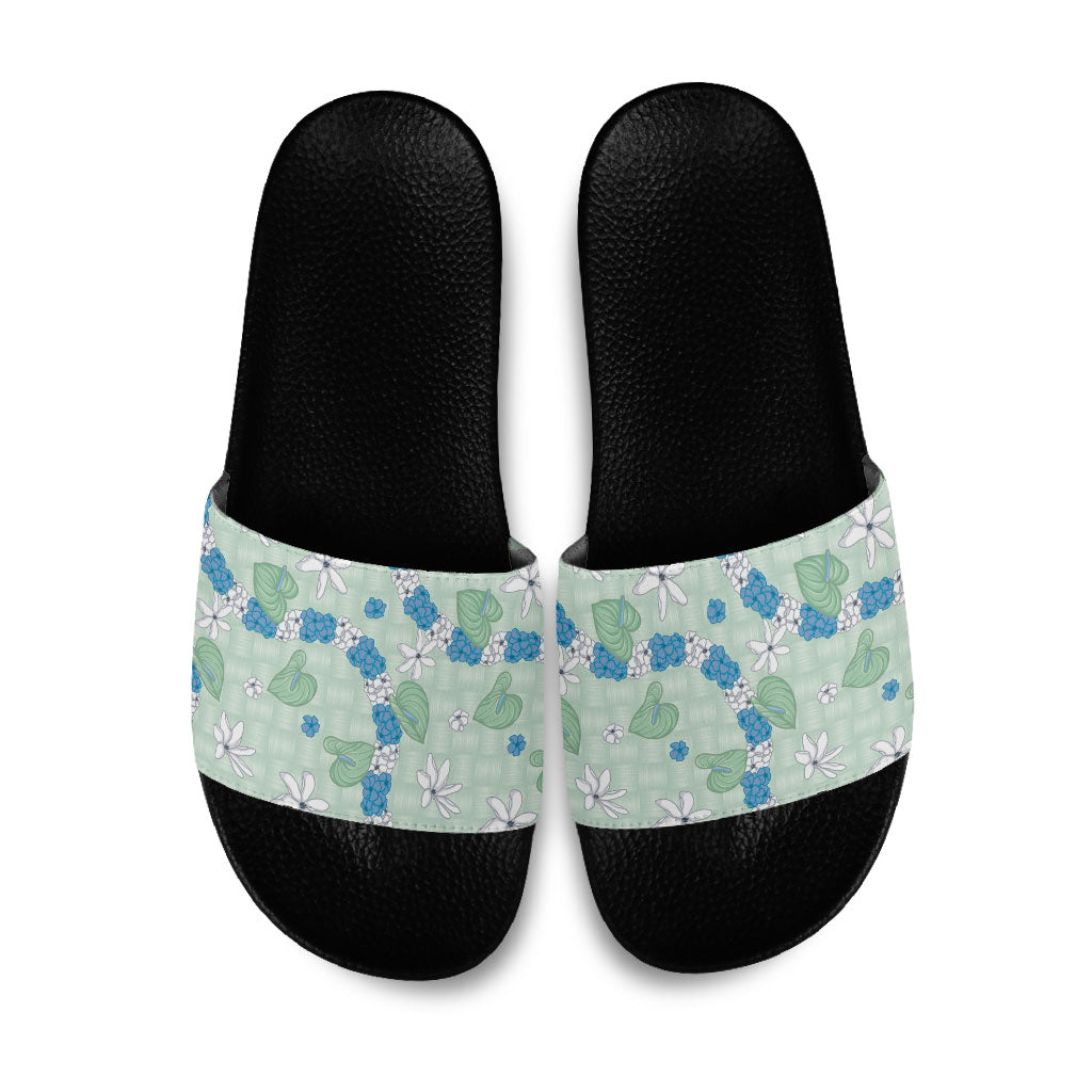 Hawaii Anthurium Tiare Pikake Lei Slide Sandals Omaomao Lauhala Art Pattern LT01 Green - Polynesian Pride