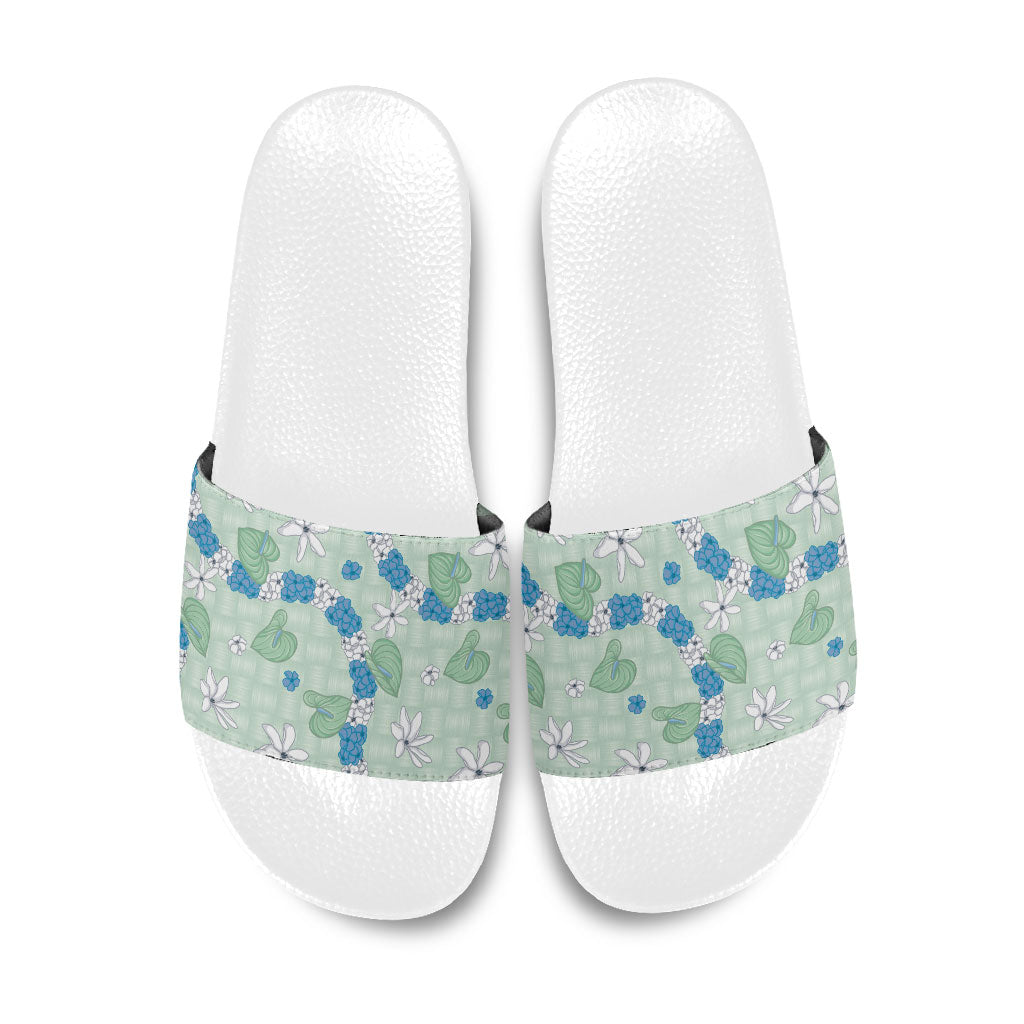 Hawaii Anthurium Tiare Pikake Lei Slide Sandals Omaomao Lauhala Art Pattern LT01 Green - Polynesian Pride