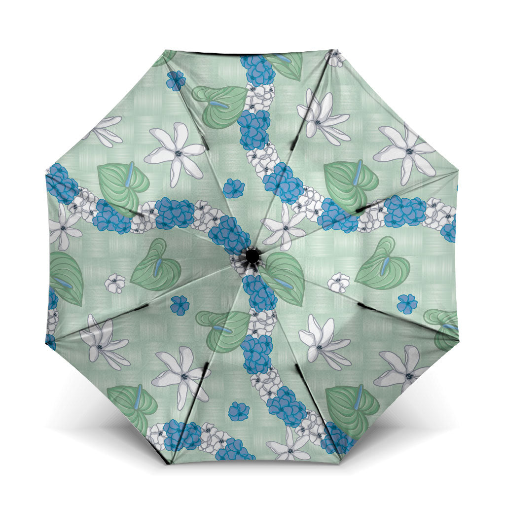 Hawaii Anthurium Tiare Pikake Lei Umbrella Omaomao Lauhala Art Pattern LT01 One Size Folded 11.42 inch Opened Diameter 37.4 inch Green - Polynesian Pride