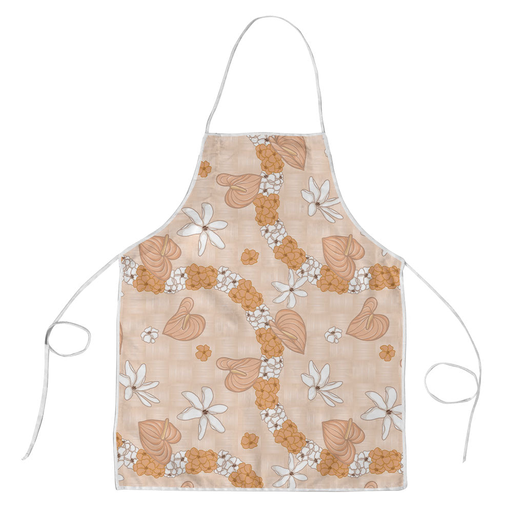 Hawaii Anthurium Tiare Pikake Lei Apron Alani Lauhala Art Pattern LT01 Orange - Polynesian Pride