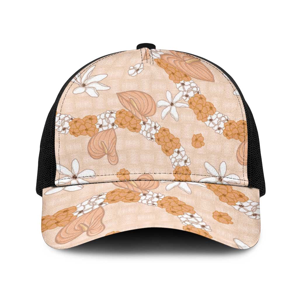 Hawaii Anthurium Tiare Pikake Lei Baseball Net Cap Alani Lauhala Art Pattern LT01 One Size Black Orange - Polynesian Pride