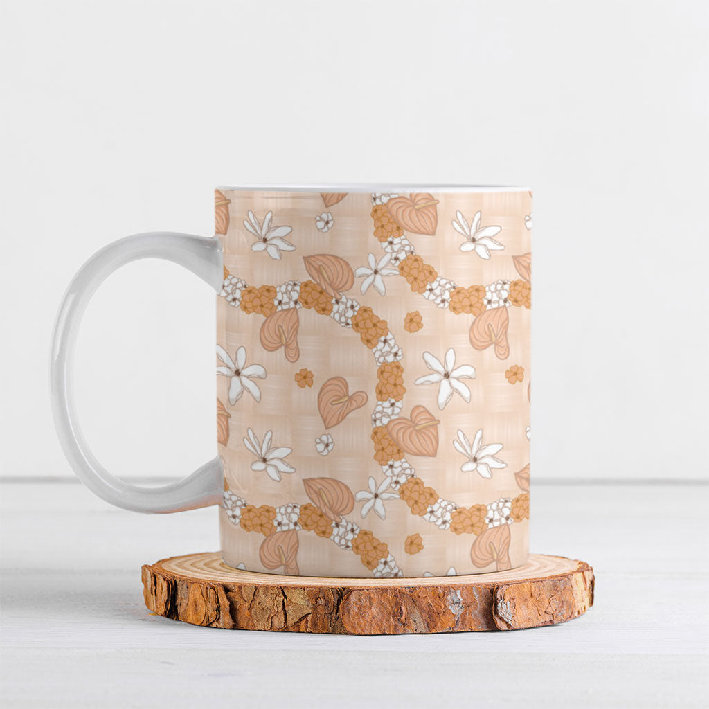 Hawaii Anthurium Tiare Pikake Lei Ceramic Mug Alani Lauhala Art Pattern LT01 Orange - Polynesian Pride