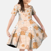 Hawaii Anthurium Tiare Pikake Lei Kid Short Sleeve Dress Alani Lauhala Art Pattern LT01 KID Orange - Polynesian Pride