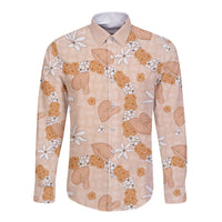 Hawaii Anthurium Tiare Pikake Lei Long Sleeve Button Shirt Alani Lauhala Art Pattern LT01 Unisex Orange - Polynesian Pride