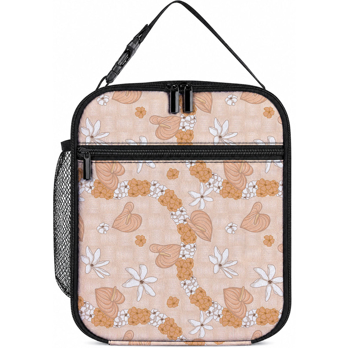 Hawaii Anthurium Tiare Pikake Lei Lunch Bag Alani Lauhala Art Pattern LT01 10.2 × 8.3 × 4.3 inch Orange - Polynesian Pride