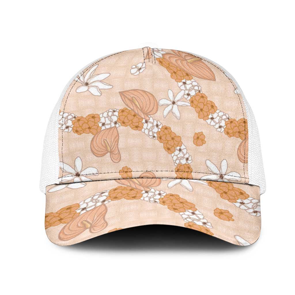 Hawaii Anthurium Tiare Pikake Lei Mesh Trucker Cap Alani Lauhala Art Pattern LT01 One Size White Orange - Polynesian Pride