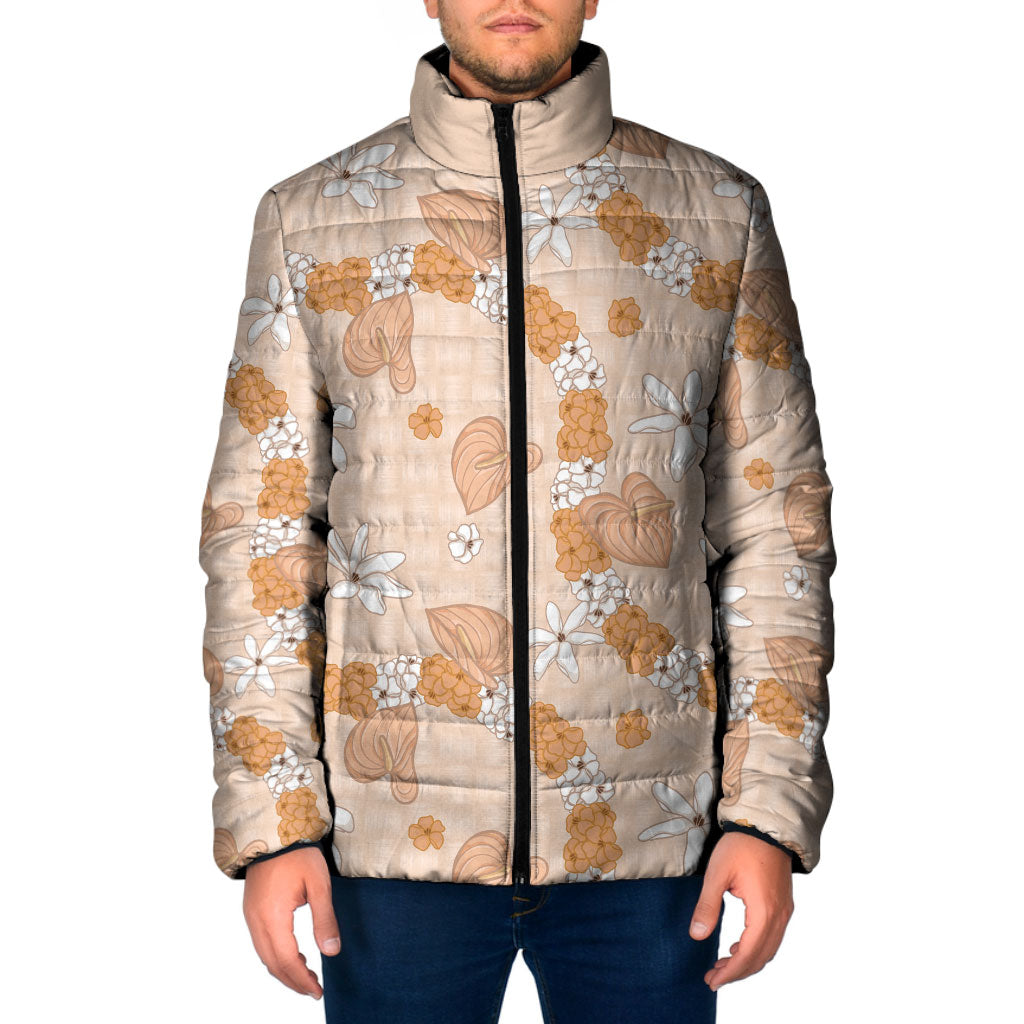 Hawaii Anthurium Tiare Pikake Lei Padded Jacket Alani Lauhala Art Pattern LT01 Men Orange - Polynesian Pride