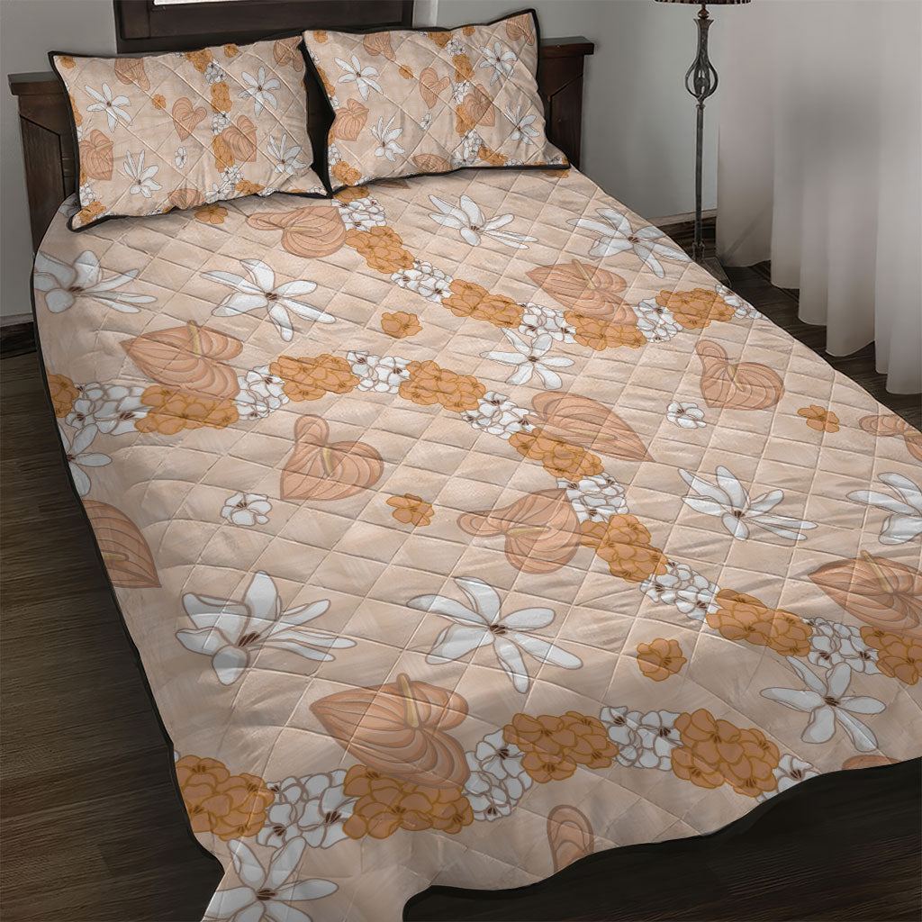 Hawaii Anthurium Tiare Pikake Lei Quilt Bed Set Alani Lauhala Art Pattern LT01 Orange - Polynesian Pride
