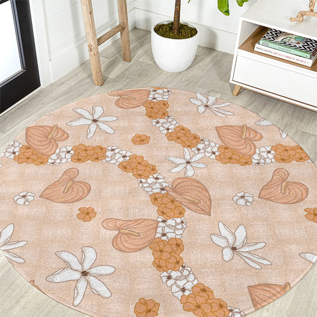 Hawaii Anthurium Tiare Pikake Lei Round Carpet Alani Lauhala Art Pattern LT01 Orange - Polynesian Pride