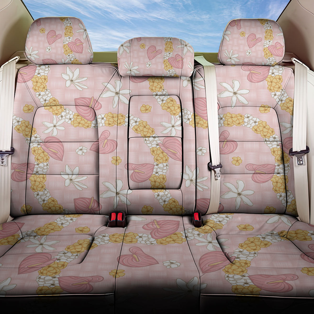 Hawaii Anthurium Tiare Pikake Lei Back Car Seat Cover Akala Lauhala Art Pattern LT01 One Size Pink - Polynesian Pride