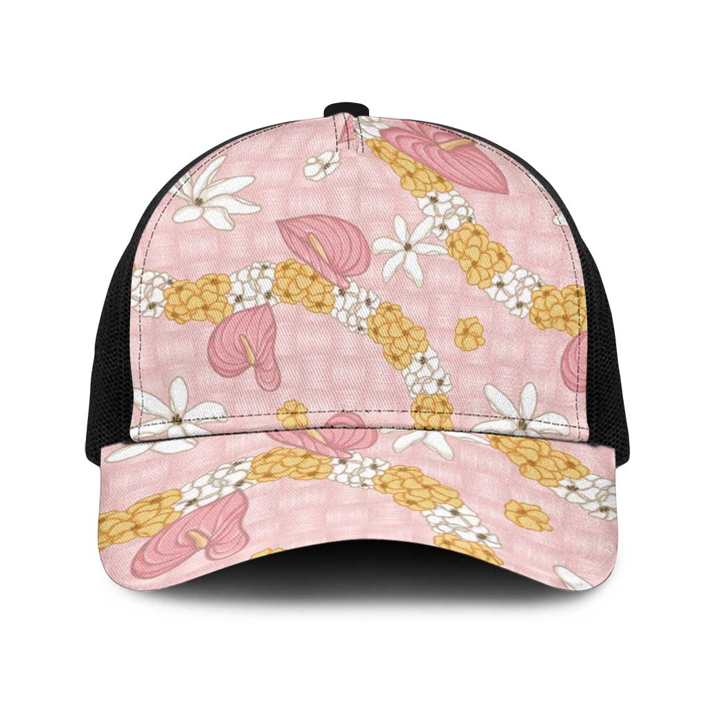 Hawaii Anthurium Tiare Pikake Lei Baseball Net Cap Akala Lauhala Art Pattern LT01 One Size Black Pink - Polynesian Pride