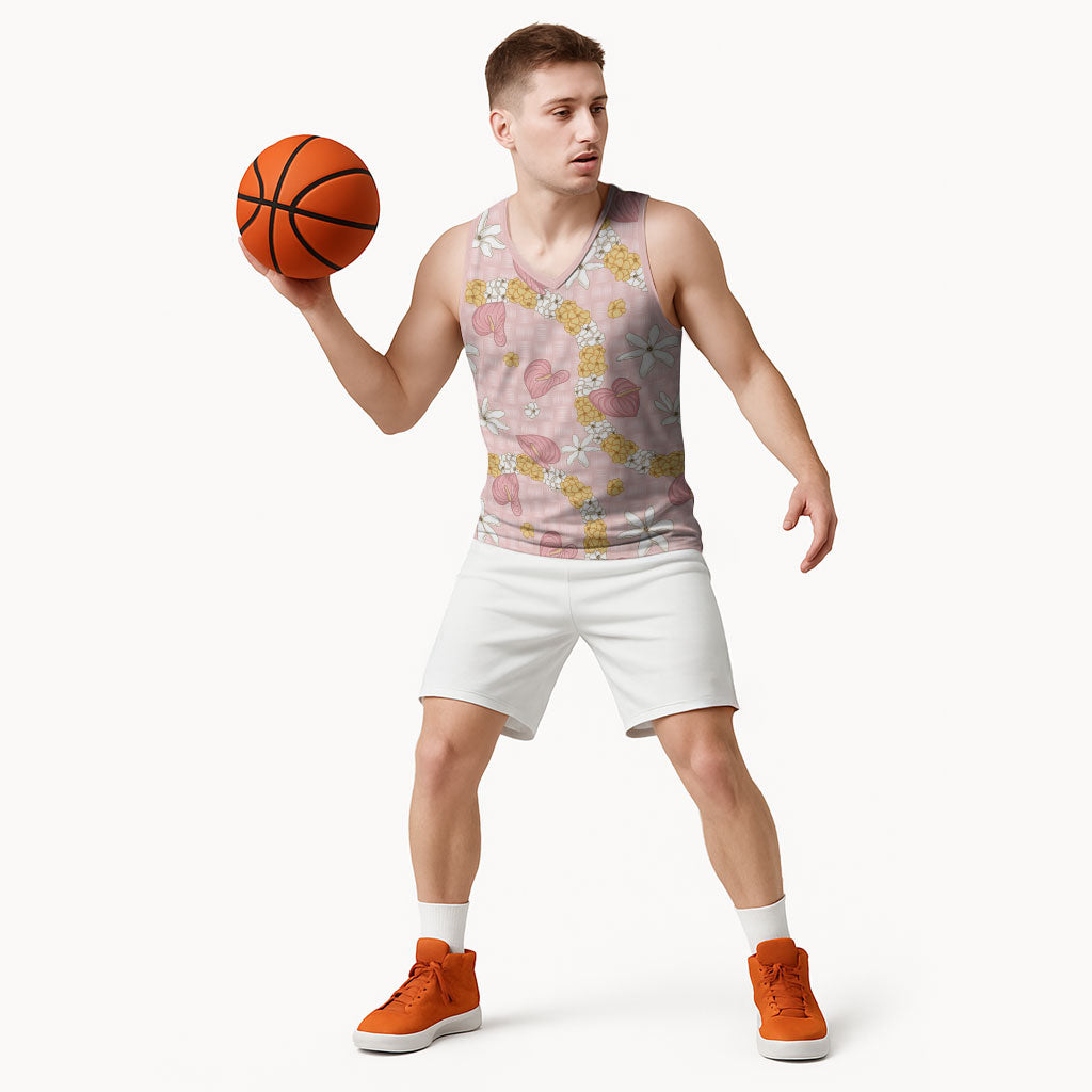 Hawaii Anthurium Tiare Pikake Lei Basketball Jersey Akala Lauhala Art Pattern LT01 - Polynesian Pride