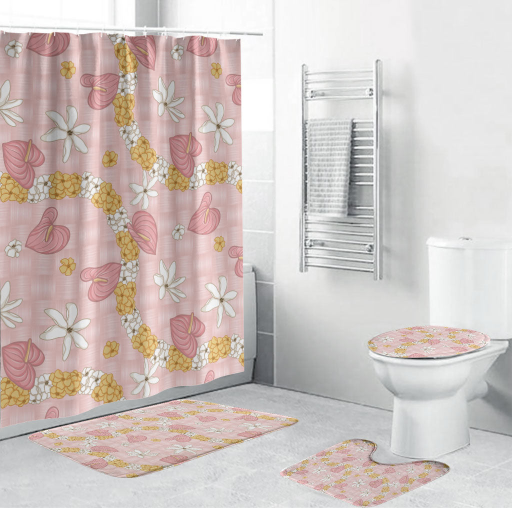 Hawaii Anthurium Tiare Pikake Lei Bathroom Set Akala Lauhala Art Pattern LT01 Bathroom Set (4 pcs) Pink - Polynesian Pride