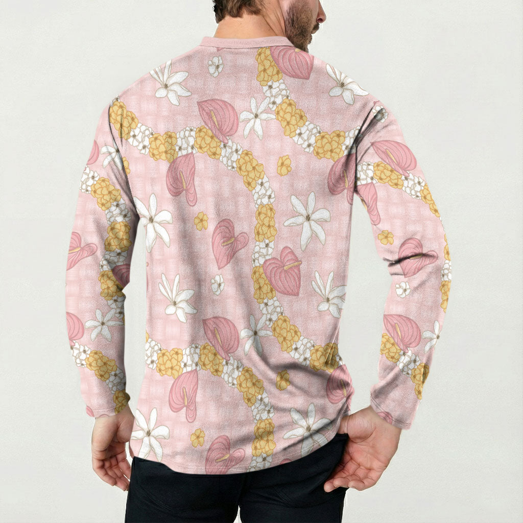 Hawaii Anthurium Tiare Pikake Lei Button Sweatshirt Akala Lauhala Art Pattern LT01 - Polynesian Pride