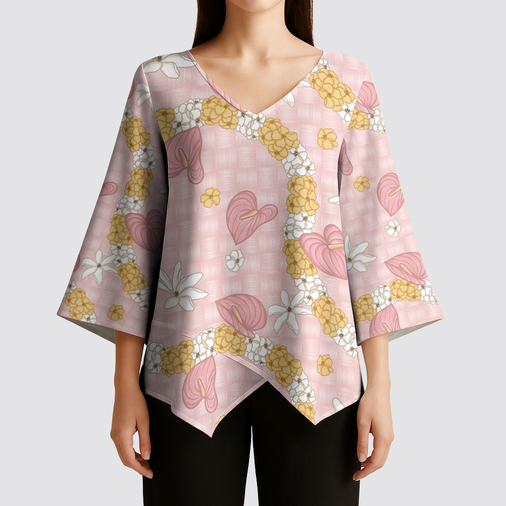 Hawaii Anthurium Tiare Pikake Lei Kimono Sleeve Blouse Akala Lauhala Art Pattern LT01 - Polynesian Pride