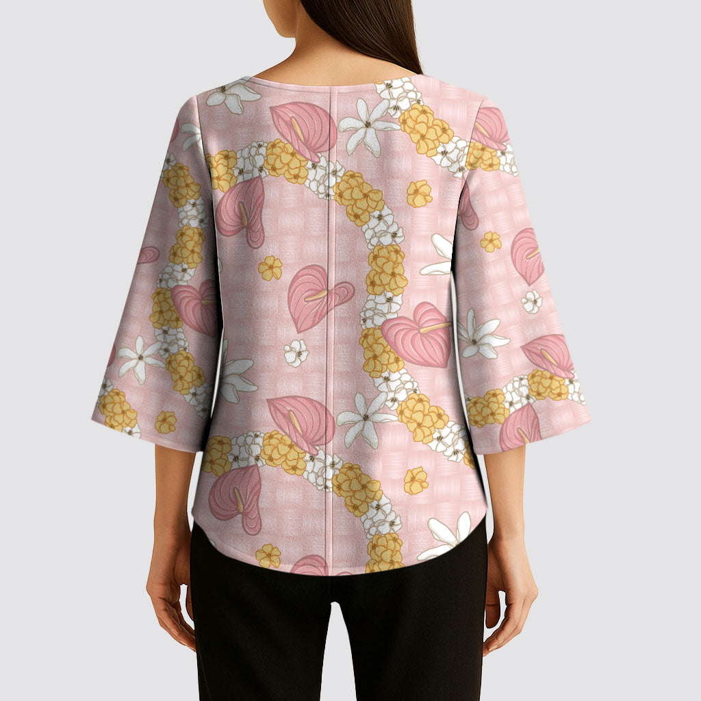 Hawaii Anthurium Tiare Pikake Lei Kimono Sleeve Blouse Akala Lauhala Art Pattern LT01 - Polynesian Pride