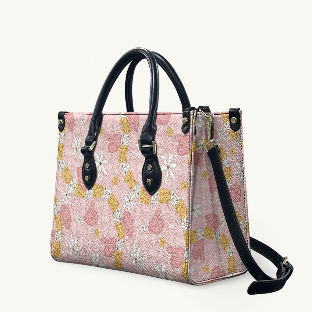 Hawaii Anthurium Tiare Pikake Lei Leather Bag Akala Lauhala Art Pattern LT01 Pink - Polynesian Pride
