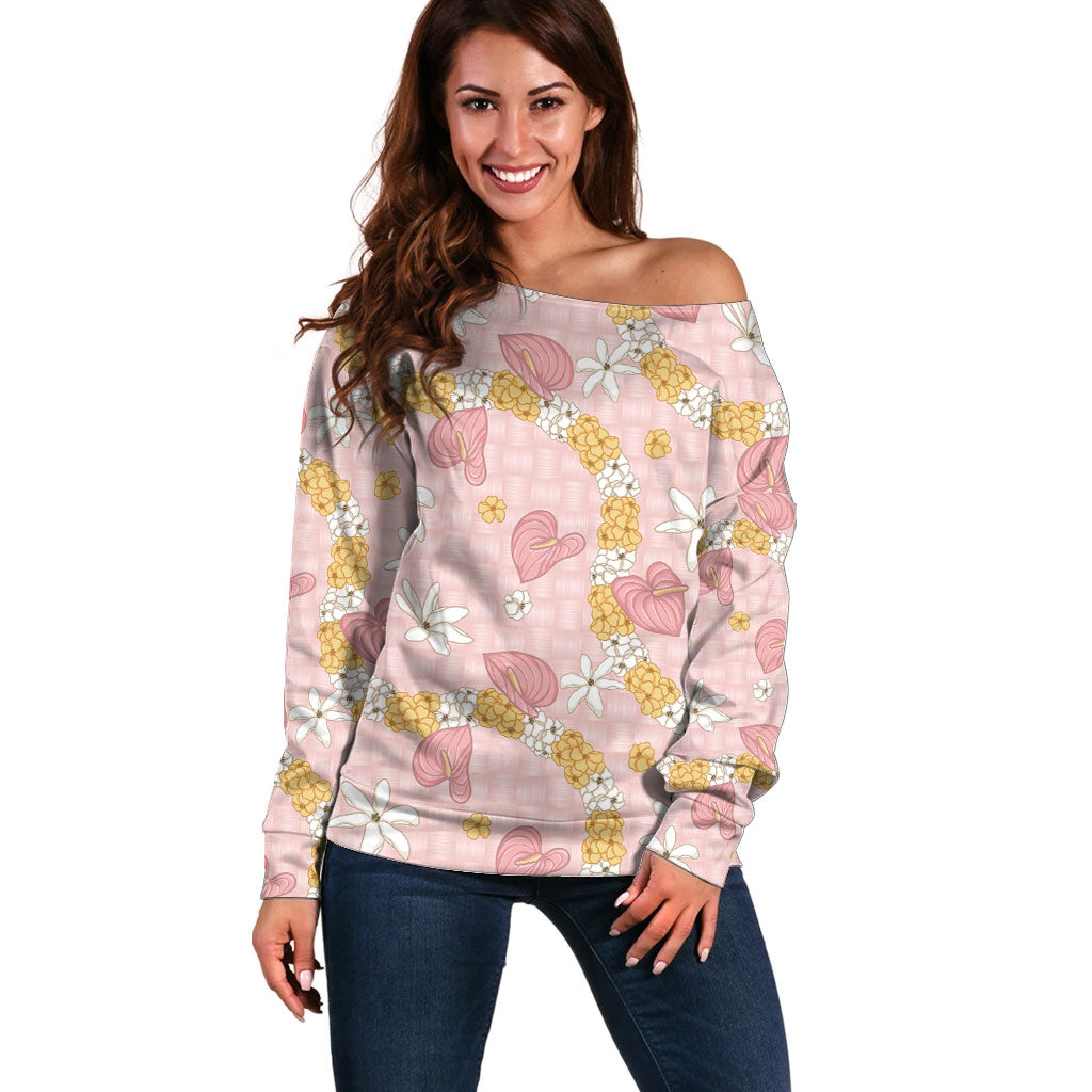 Hawaii Anthurium Tiare Pikake Lei Off Shoulder Sweater Akala Lauhala Art Pattern LT01 Women Pink - Polynesian Pride